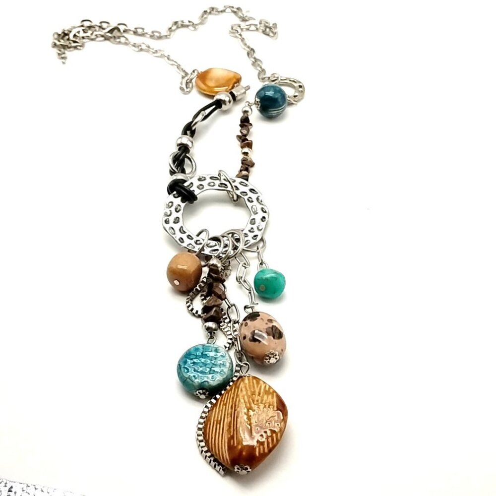 Long Artisan Bohemian-style Mixed Stone Statement Necklace Silver-tone Chain